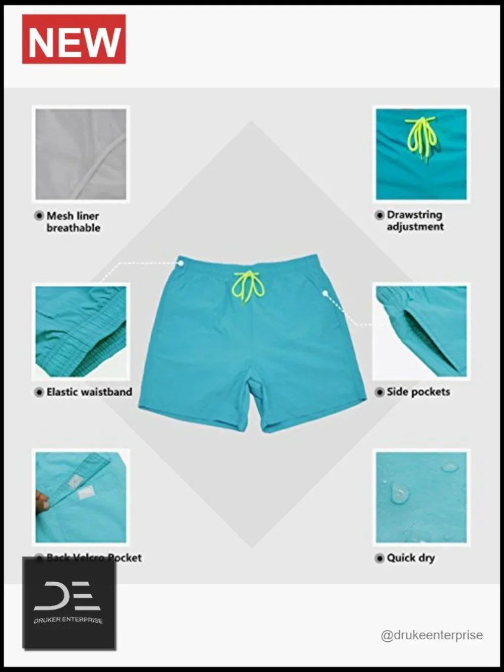 Men's Quick Dry Swim Trunks with Pockets & Mesh Lining, UPF 30